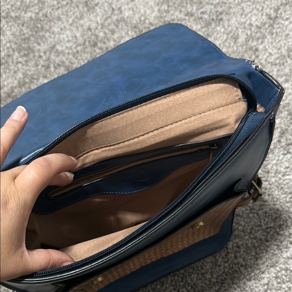 ModCloth Navy Backpack with Brown Trim and Woven Front Pocket - Picture 4 of 6